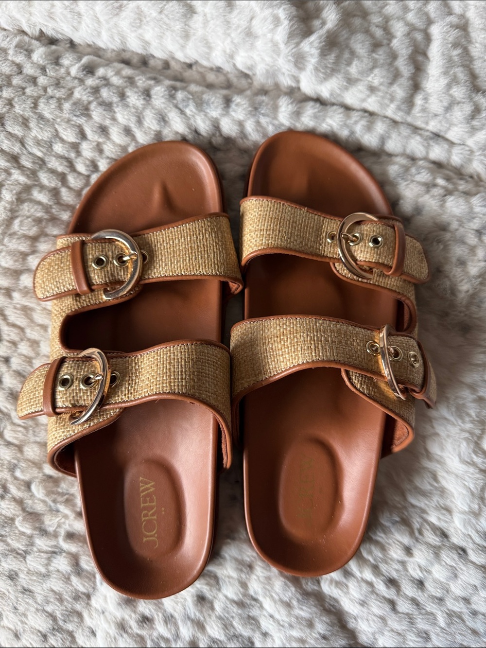 J. Crew Tan Raffia Double-Buckle Slide Sandals with Brown Trim